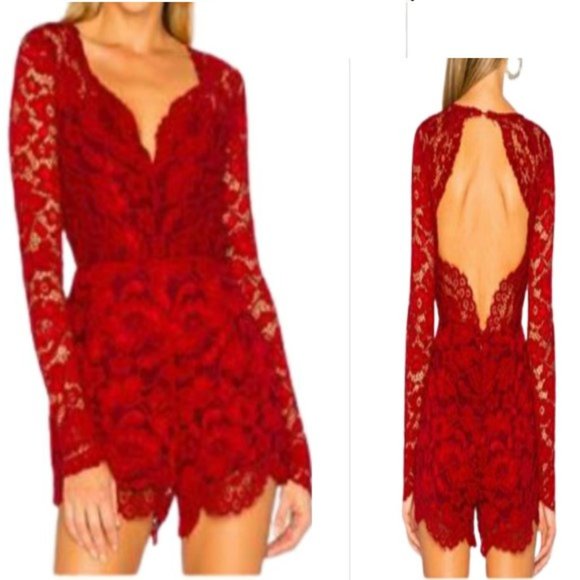 Lovers + Friends Pants - LOVERS + FRIENDS LONG SLEEVE RED LACE ROMPER